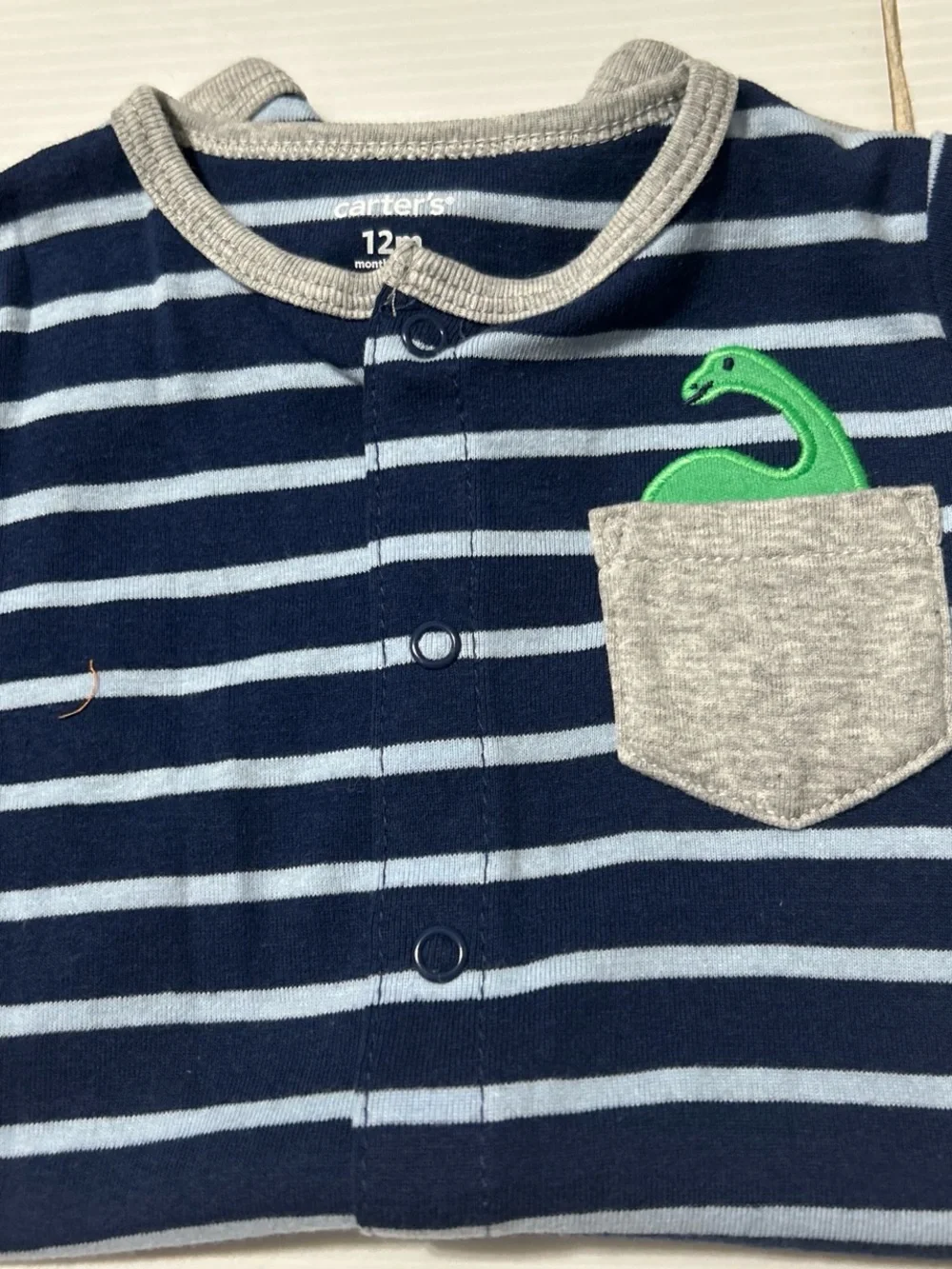 Carter's Navy & Light Blue Striped Baby Romper with Gray Pocket and Green Dino